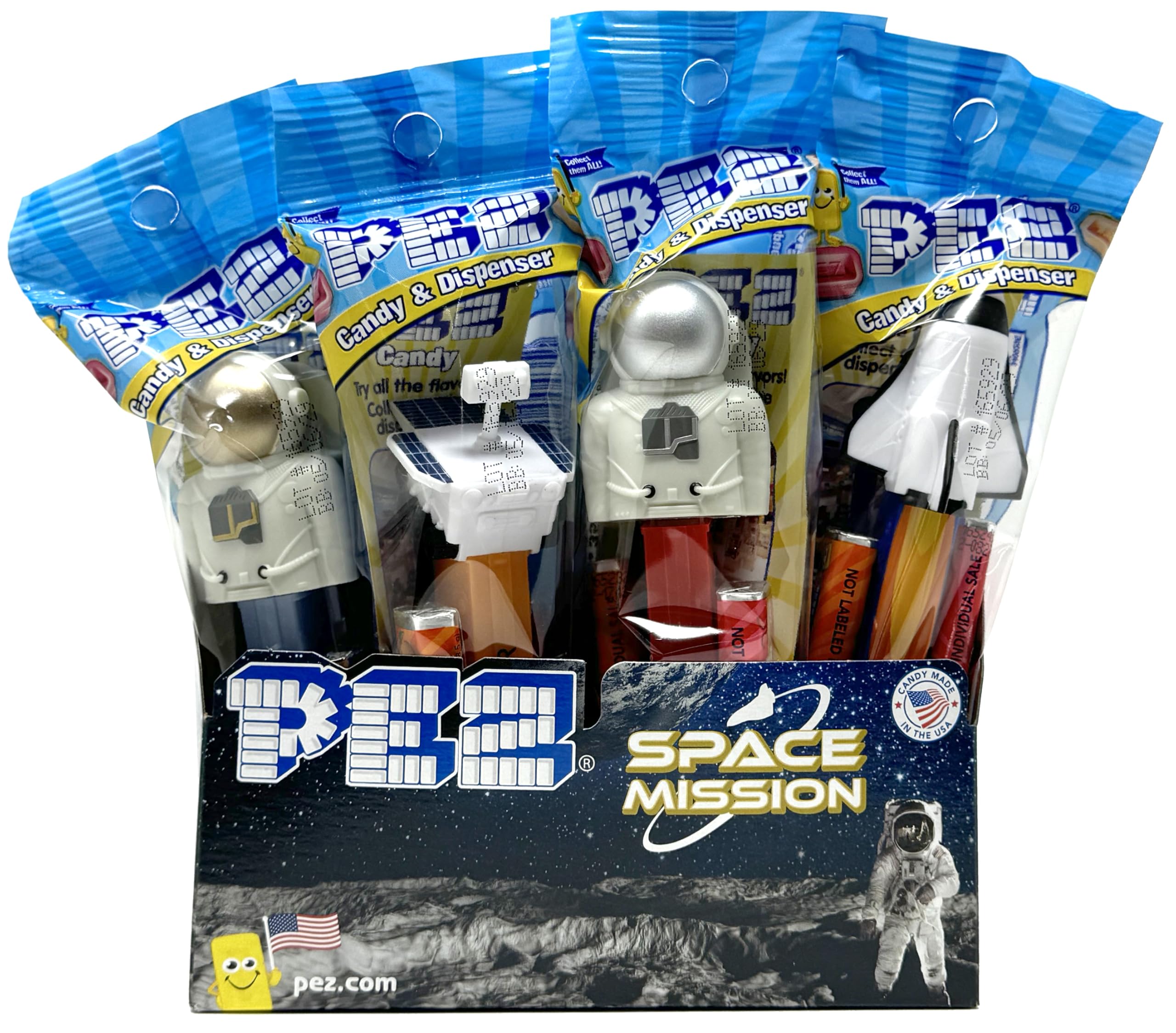 PEZ front packaging showing assorted space mission dispensers and convenience