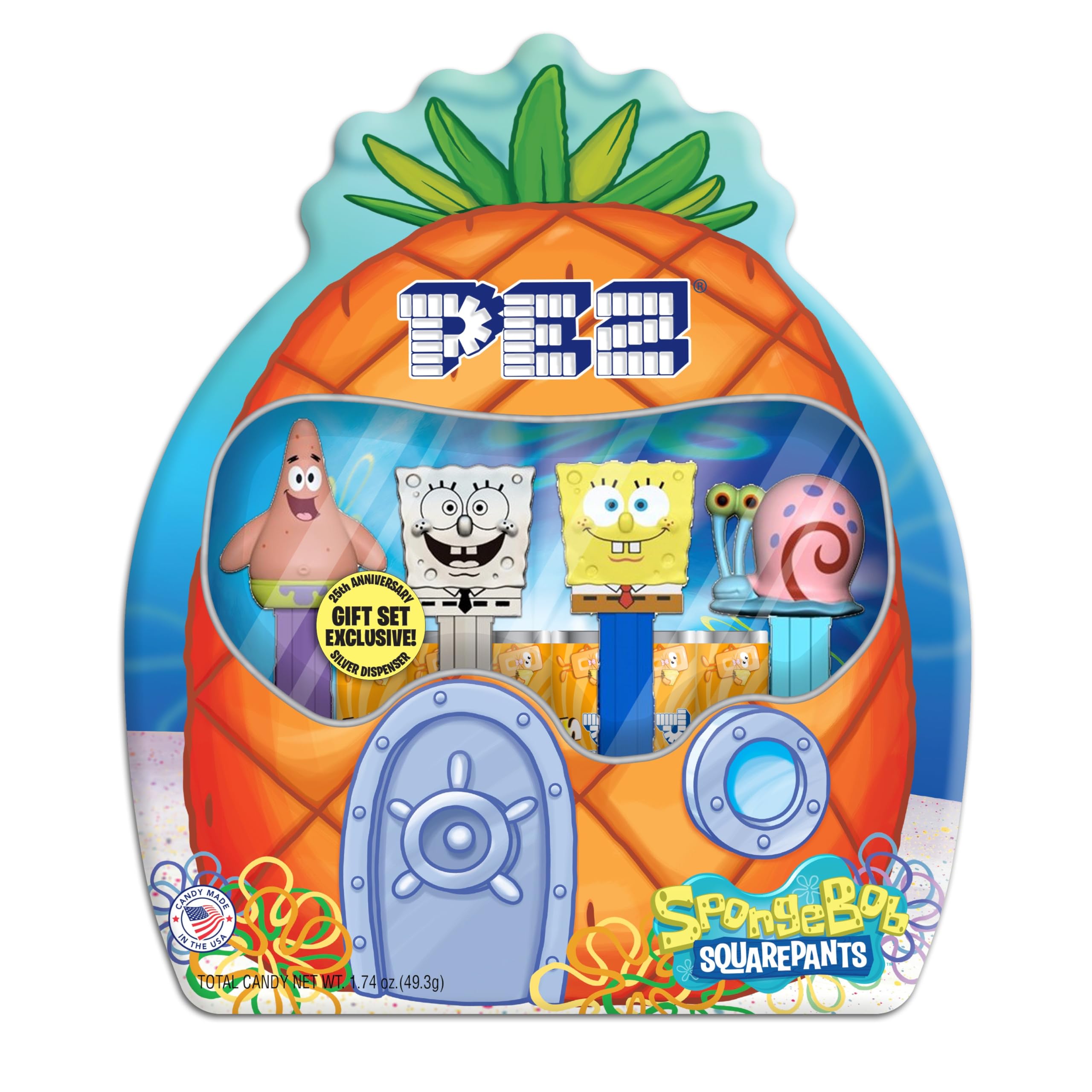 PEZ SpongeBob collectible tin front showing four dispensers and candy benefits