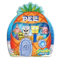 PEZ SpongeBob collectible tin front showing four dispensers and candy benefits