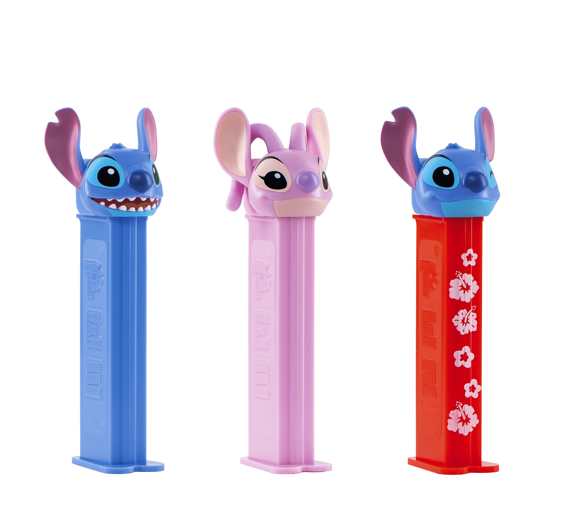 Assorted Stitch and Angel PEZ dispensers laid out to showcase variety for guests