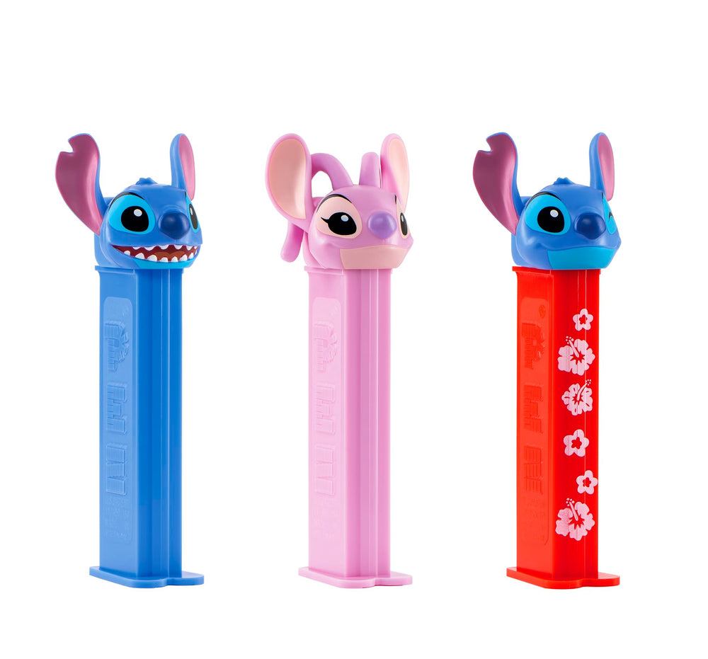 Assorted Stitch and Angel PEZ dispensers laid out to showcase variety for guests