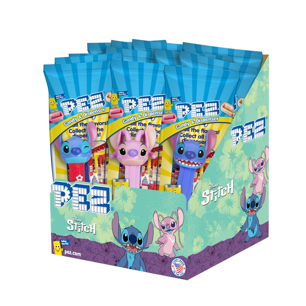 PEZ front packaging showing Stitch dispensers and candy refills benefiting party planning