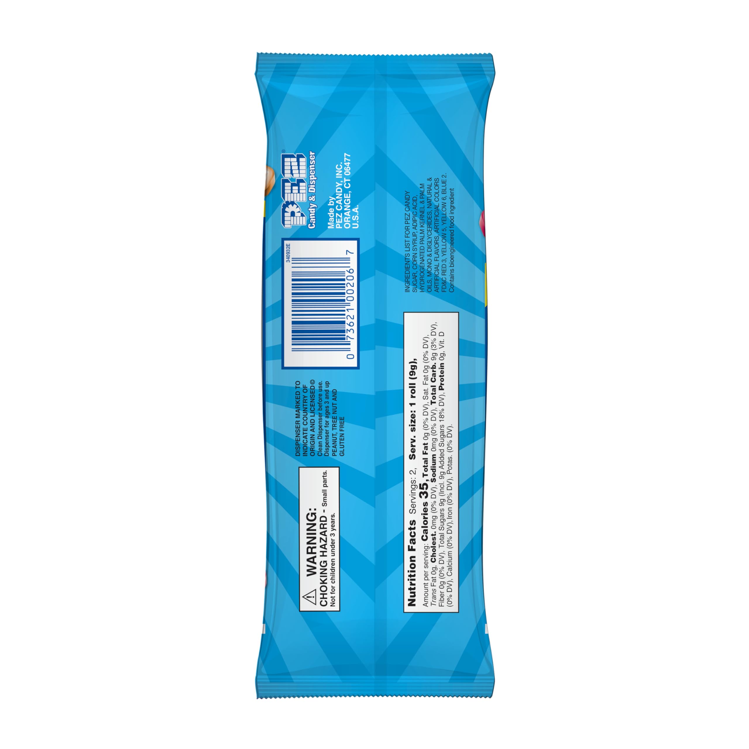 Stack of PEZ candy refills displayed with packaging showing PEZ brand tasty flavors