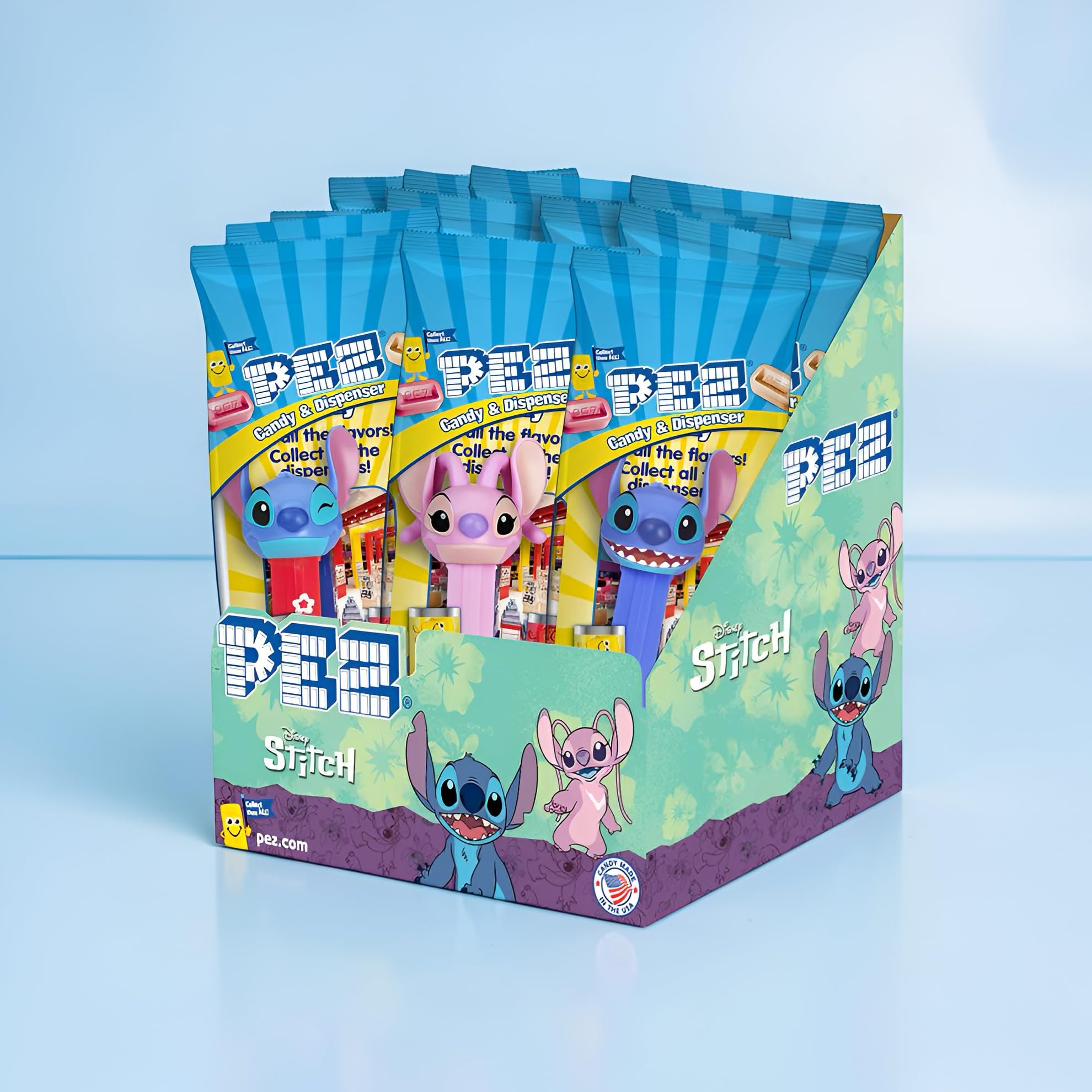 Hand holding a Stitch PEZ dispenser for scale and easy party favor placement