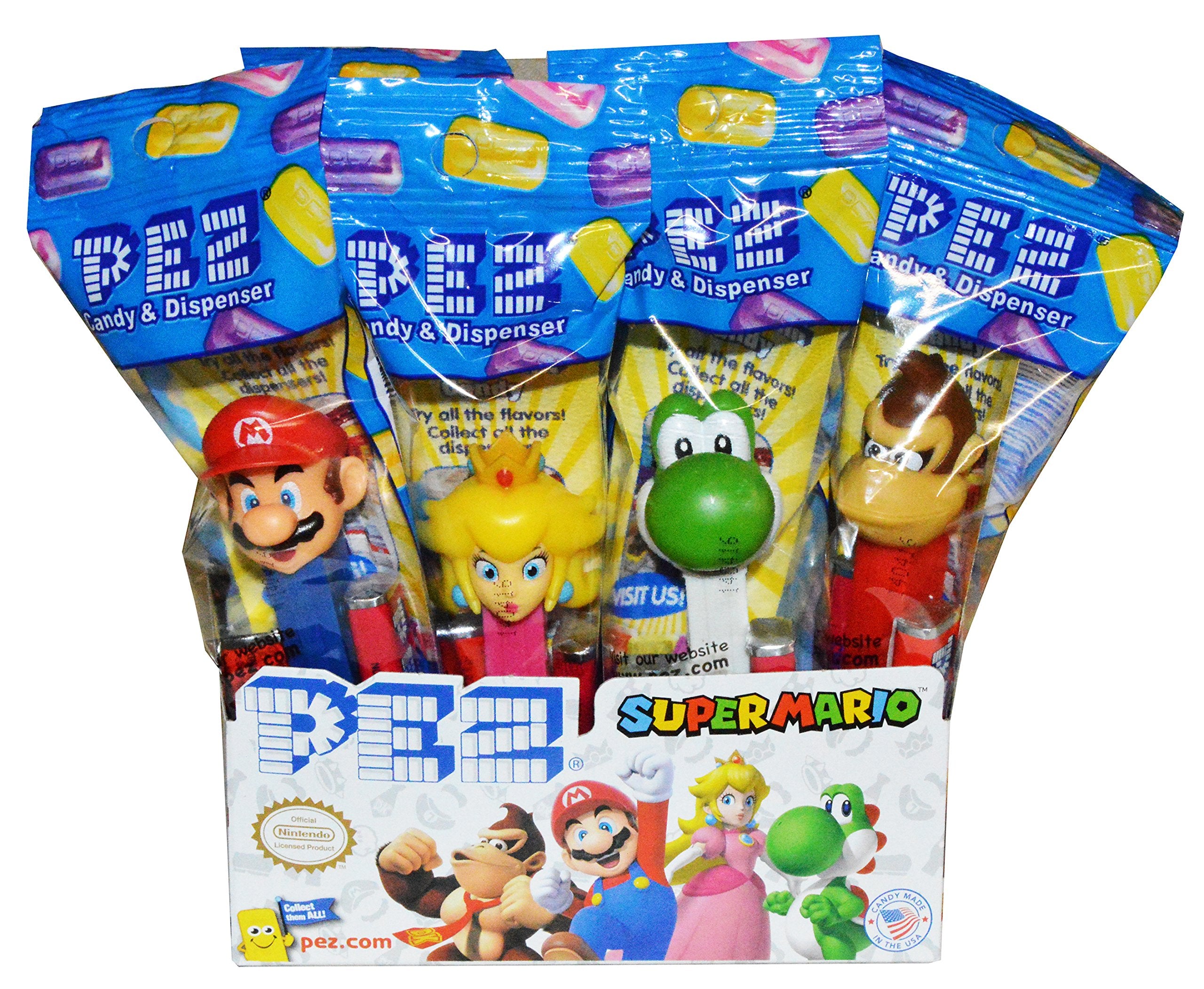 PEZ pack front view showing Super Mario characters and party-ready refills