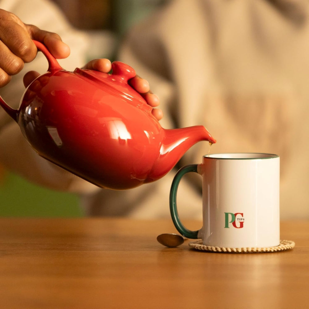 PG Tips box next to a mug for scale showing quantity and cost-effective bulk supply
