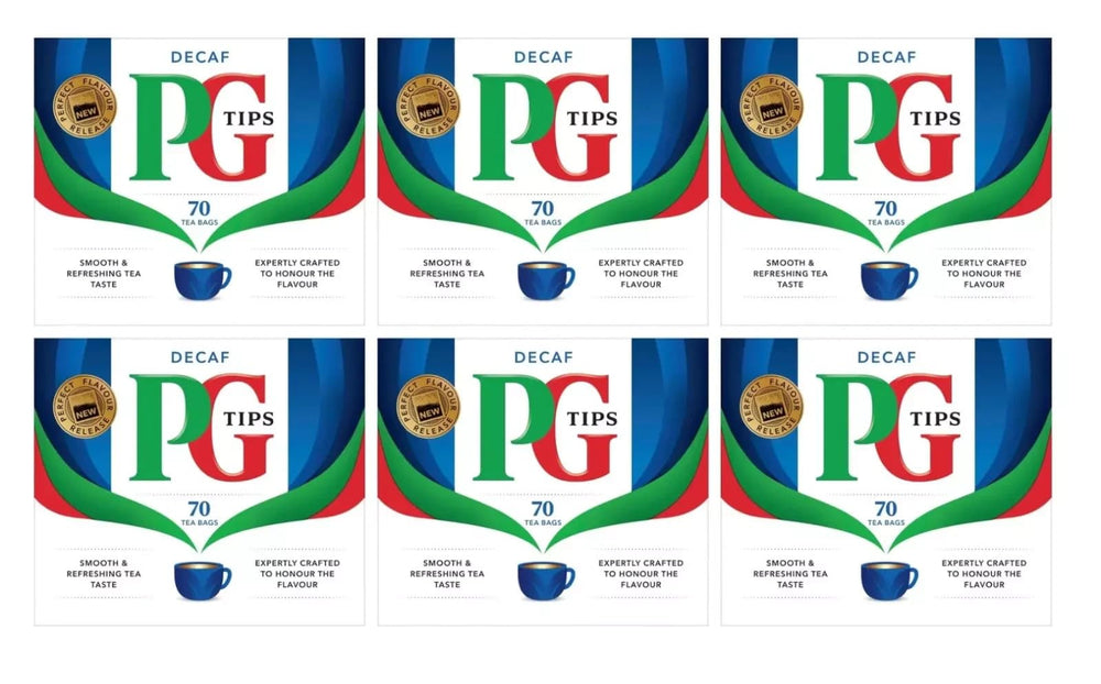 PG Tips decaf front packaging showing six-pack and count benefit