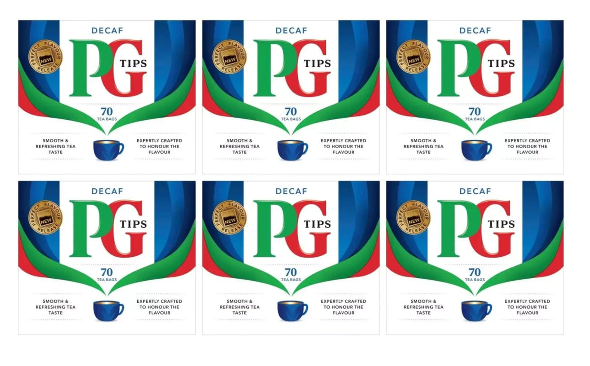 PG Tips decaf front packaging showing six-pack and count benefit