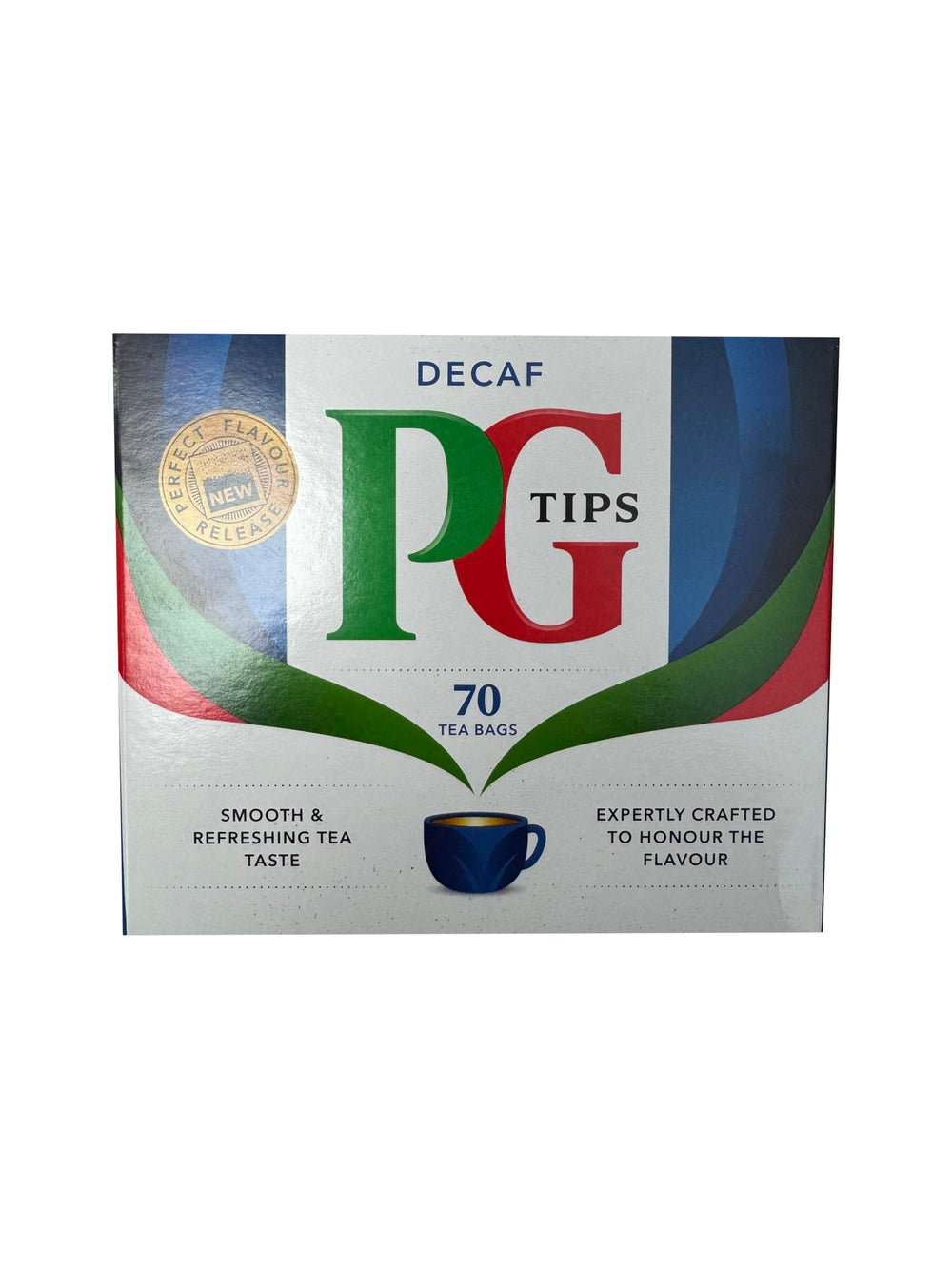 PG Tips decaf front packaging showing two 70-count boxes for pantry-ready supply