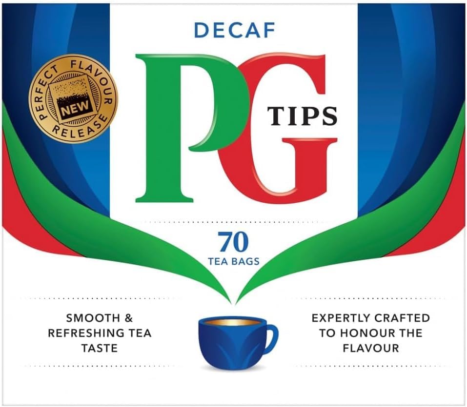 PG Tips decaf front packaging showing three boxes and clear branding, convenient supply