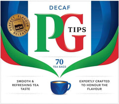 PG Tips decaf front packaging showing three boxes and clear branding, convenient supply