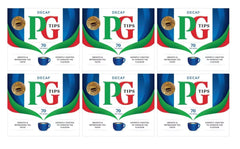 PG Tips decaf front packaging showing six-pack and count benefit