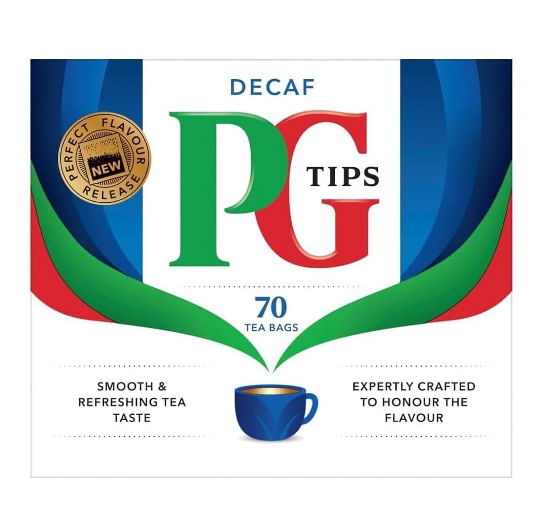 PG Tips decaf brewed cup in cozy kitchen scene, brand offering comforting caffeine-free cup