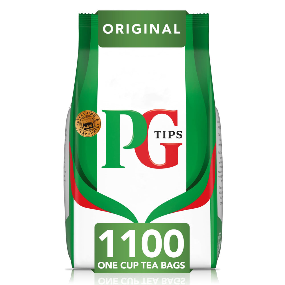 PG Tips front packaging showing bulk 1100 tea bag box and brand clarity