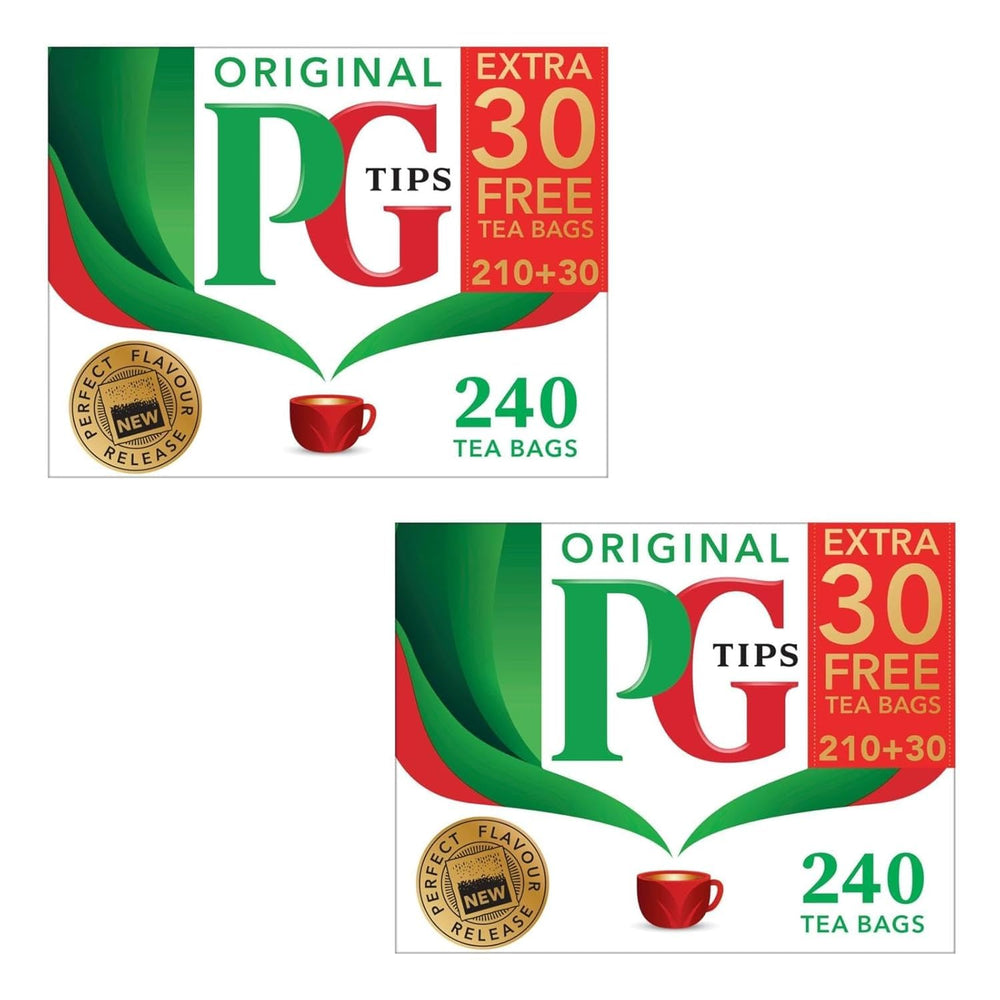 PG Tips front packaging showing two-box value pack and bold branding for convenience