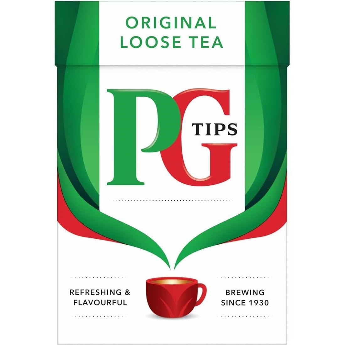 PG Tips tin on kitchen counter with mug, highlighting everyday brewing convenience