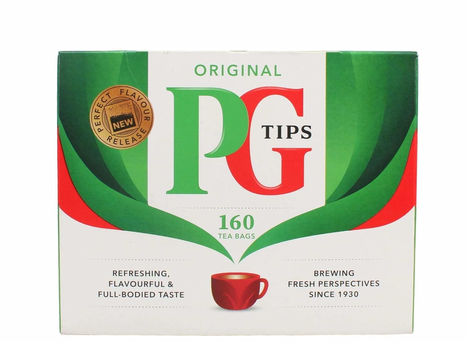 PG Tips box front view showing 160 pyramid tea bags and clear branding for convenience