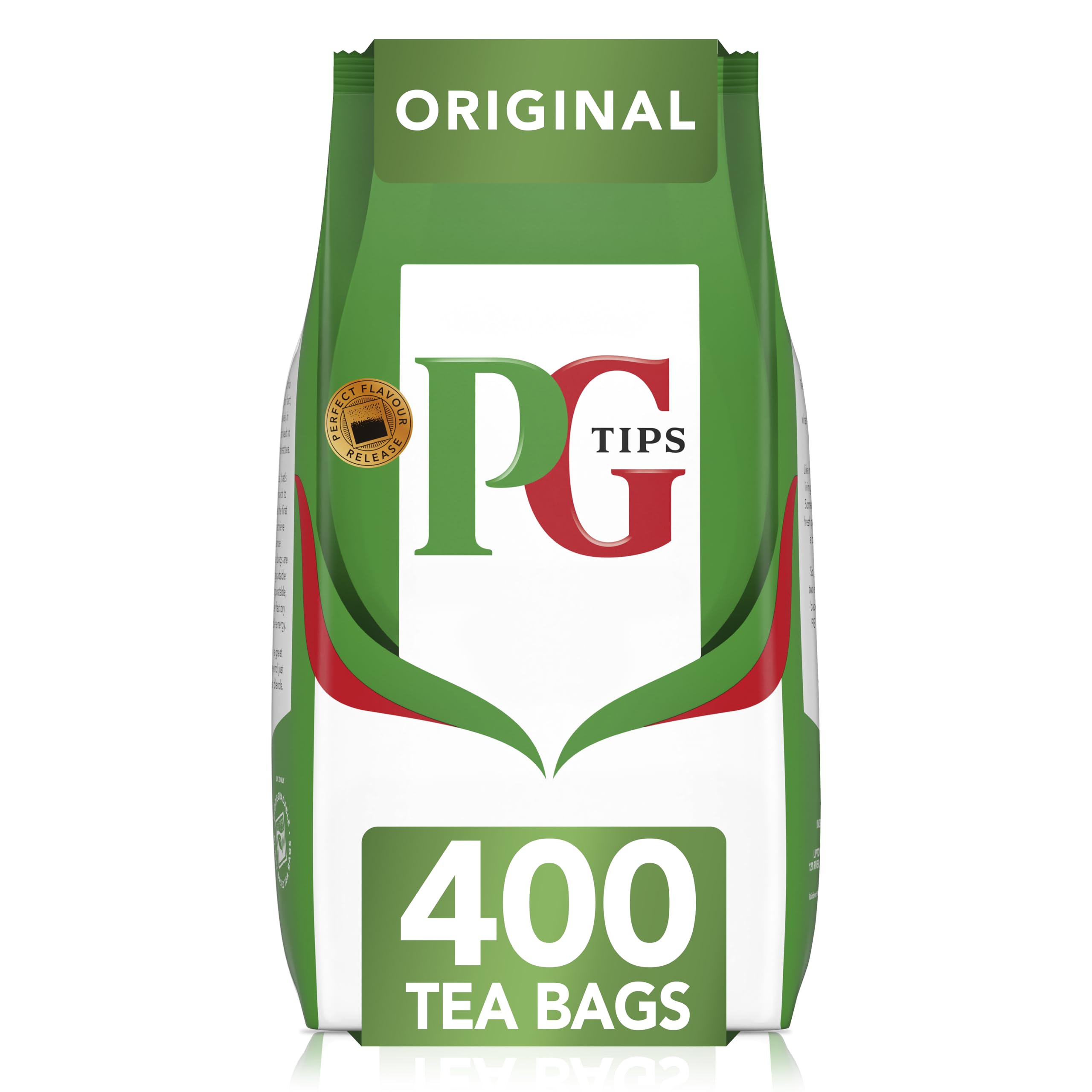 PG Tips front packaging showing brand and 400 tea bags benefit clarity