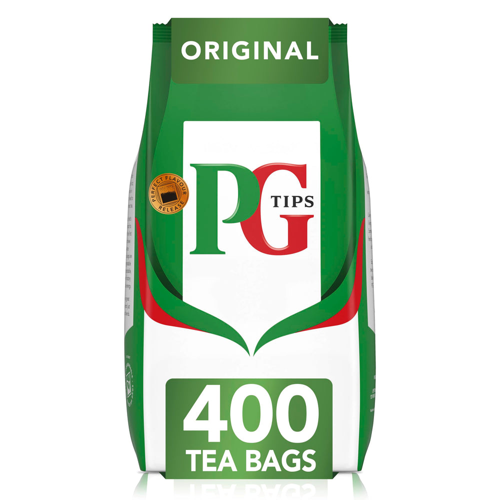 PG Tips front packaging showing brand and 400 tea bags benefit clarity