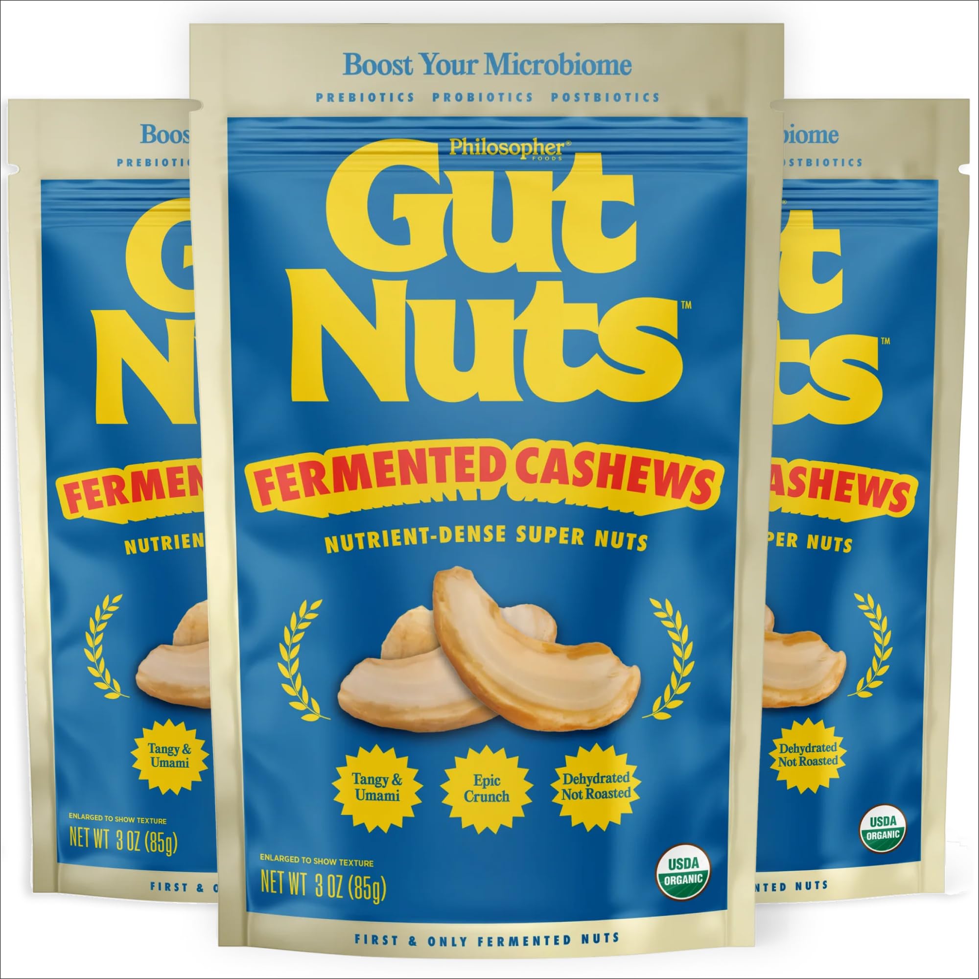 Philosopher Foods Gut Nuts front pouch showing branding and resealable benefit