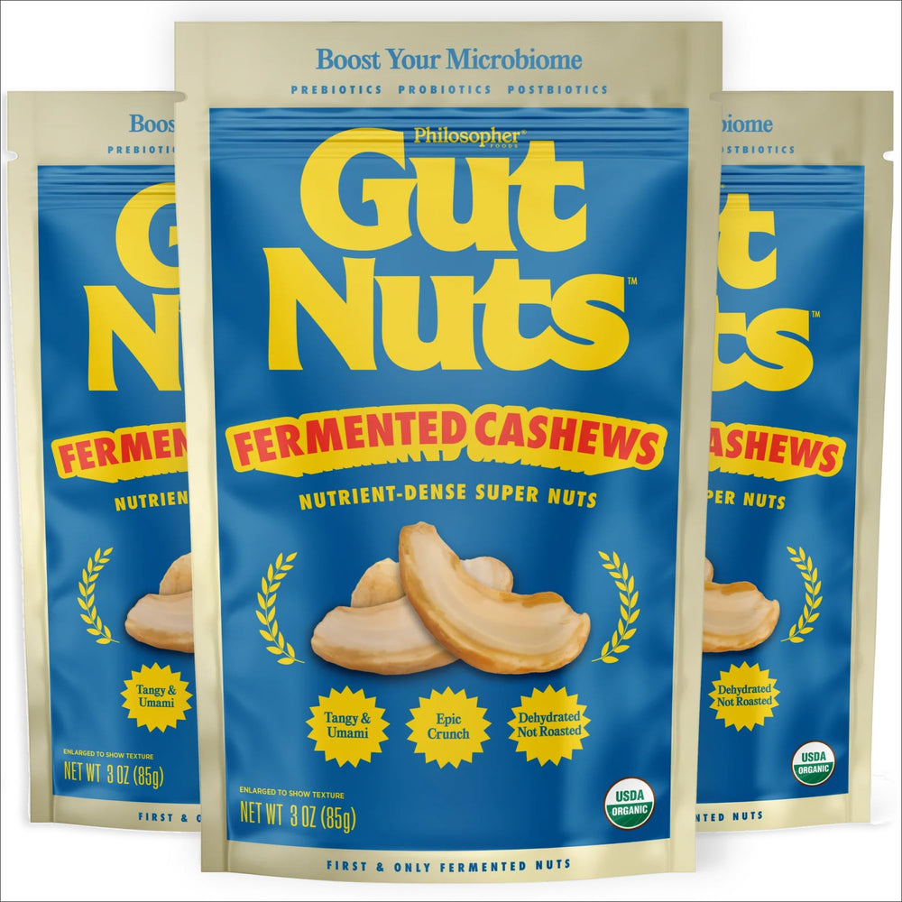 Philosopher Foods Gut Nuts front pouch showing branding and resealable benefit
