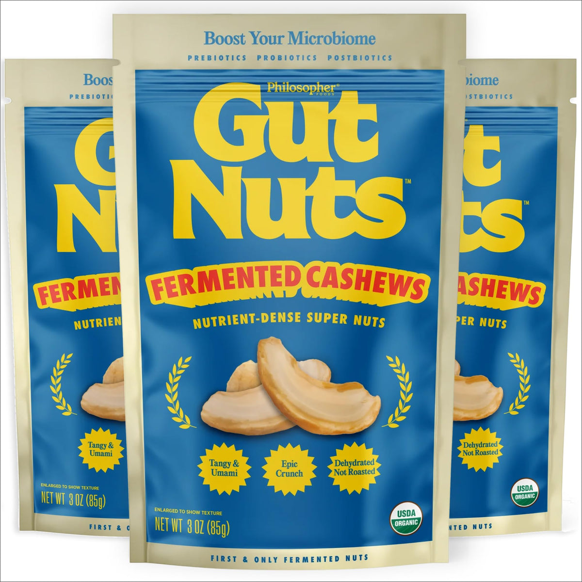 Philosopher Foods Gut Nuts front pouch showing branding and resealable benefit