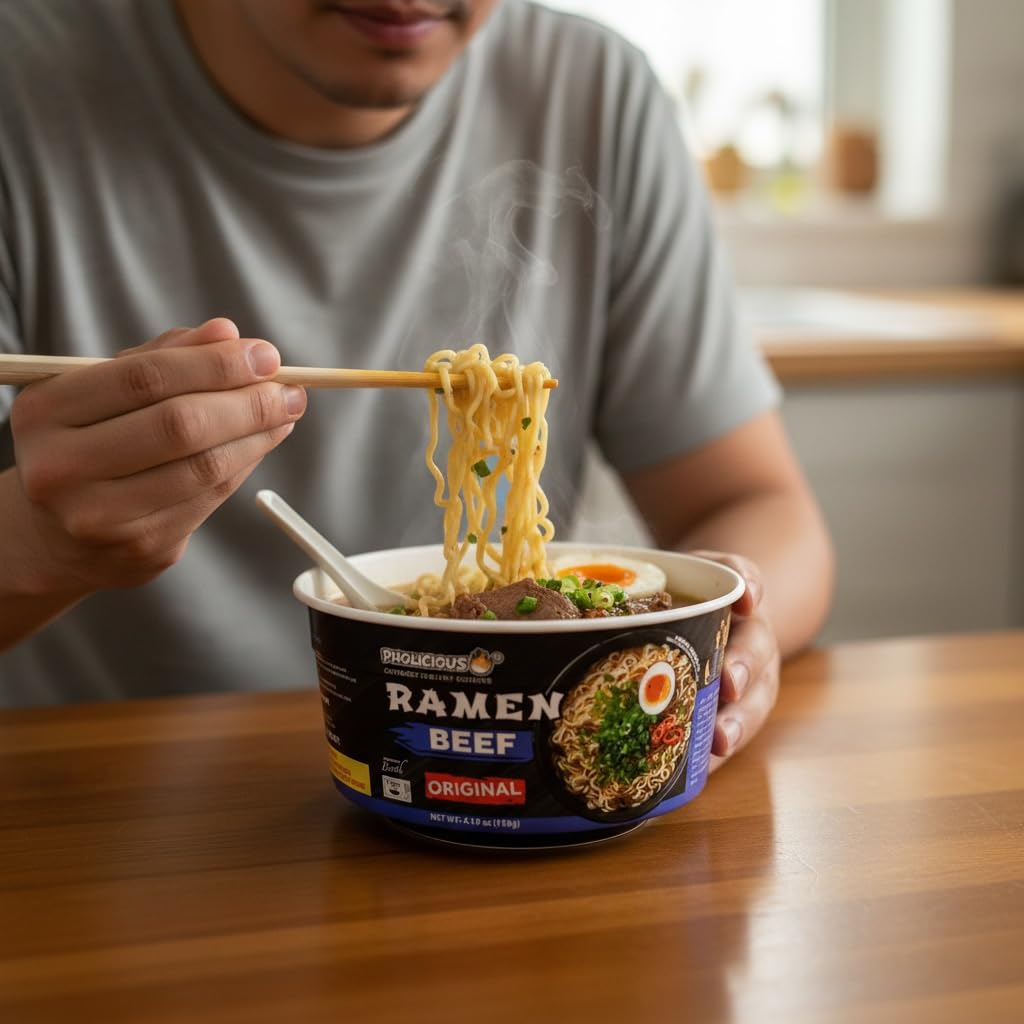PhoLicious bowl top view with broth and noodles ready to eat