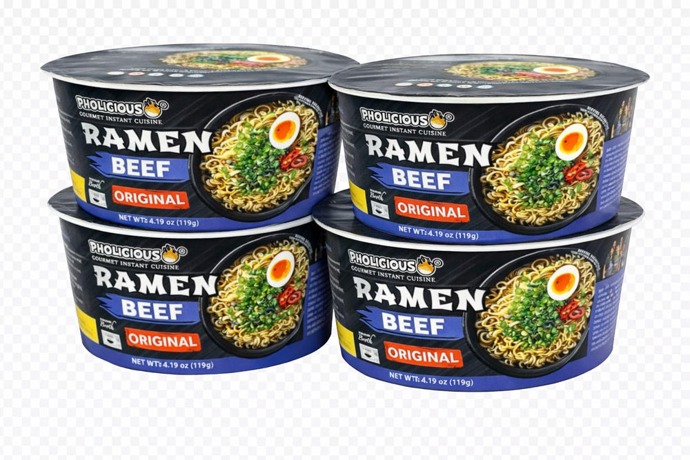 PhoLicious front packaging showing beef ramen 4-pack and convenience