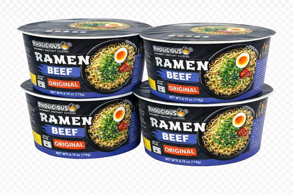 PhoLicious front packaging showing beef ramen 4-pack and convenience