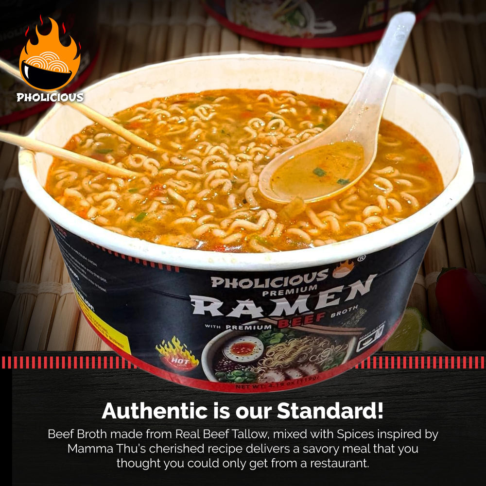 PhoLicious open cup revealing rich beef broth and spices, emphasizes authentic flavor