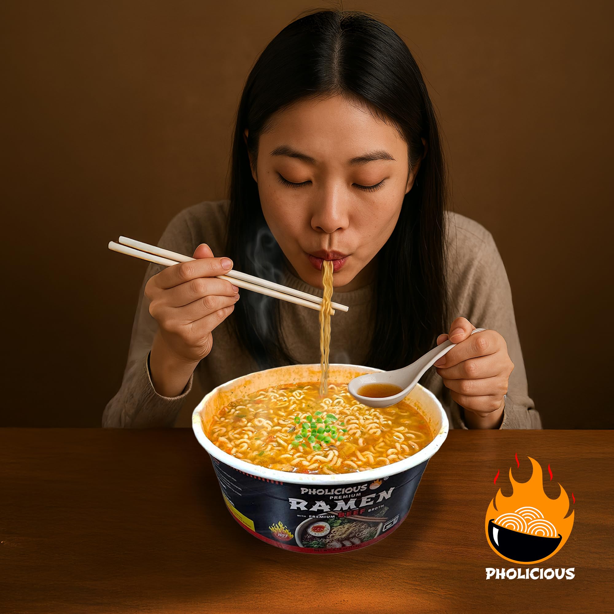 PhoLicious soup spoon lifting noodles and broth, showcases hearty, saucy bite