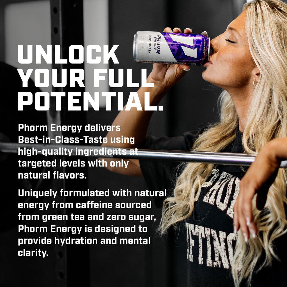 PHORM ENERGY side label highlighting ingredients and sugar-free benefit at glance