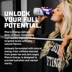 PHORM ENERGY side label highlighting ingredients and sugar-free benefit at glance