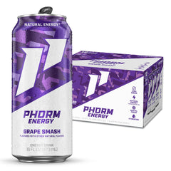 PHORM ENERGY front packaging of 12-pack showing bold grape flavor benefit clarity