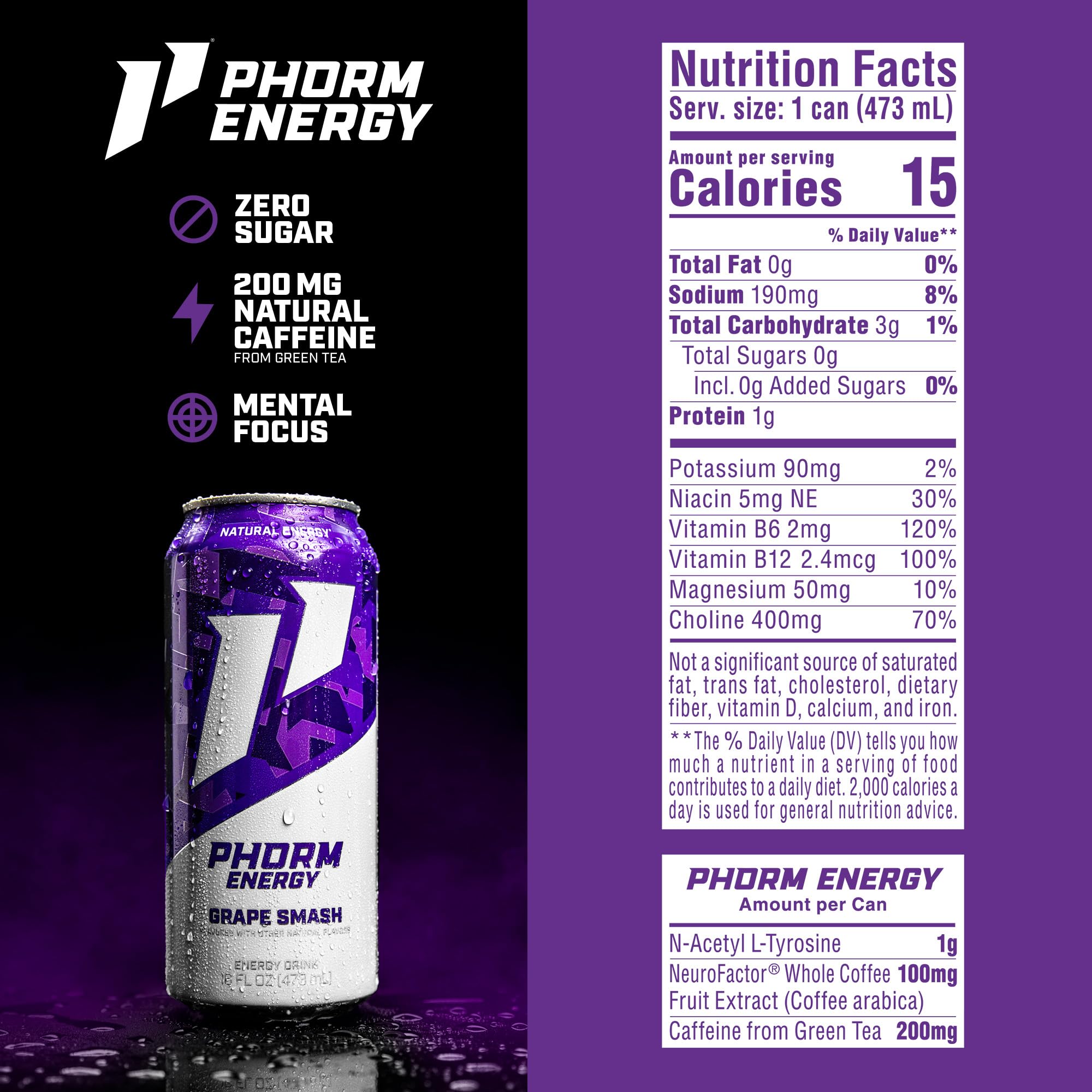 PHORM ENERGY close-up bubbles on surface showing texture and crisp drinking benefit
