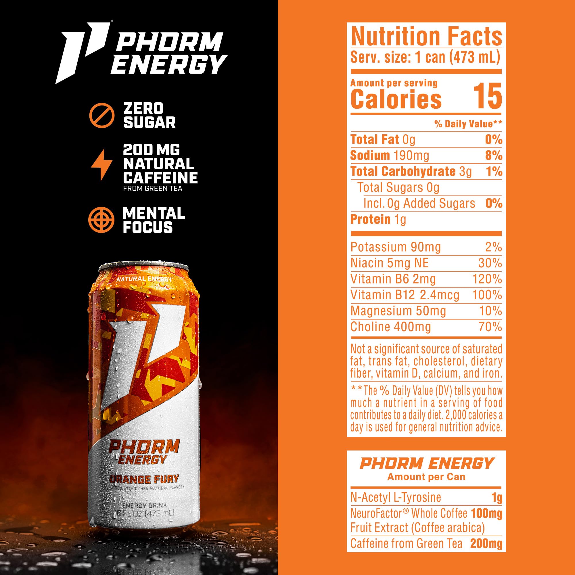 PHORM ENERGY being poured showing bright orange color and freshness