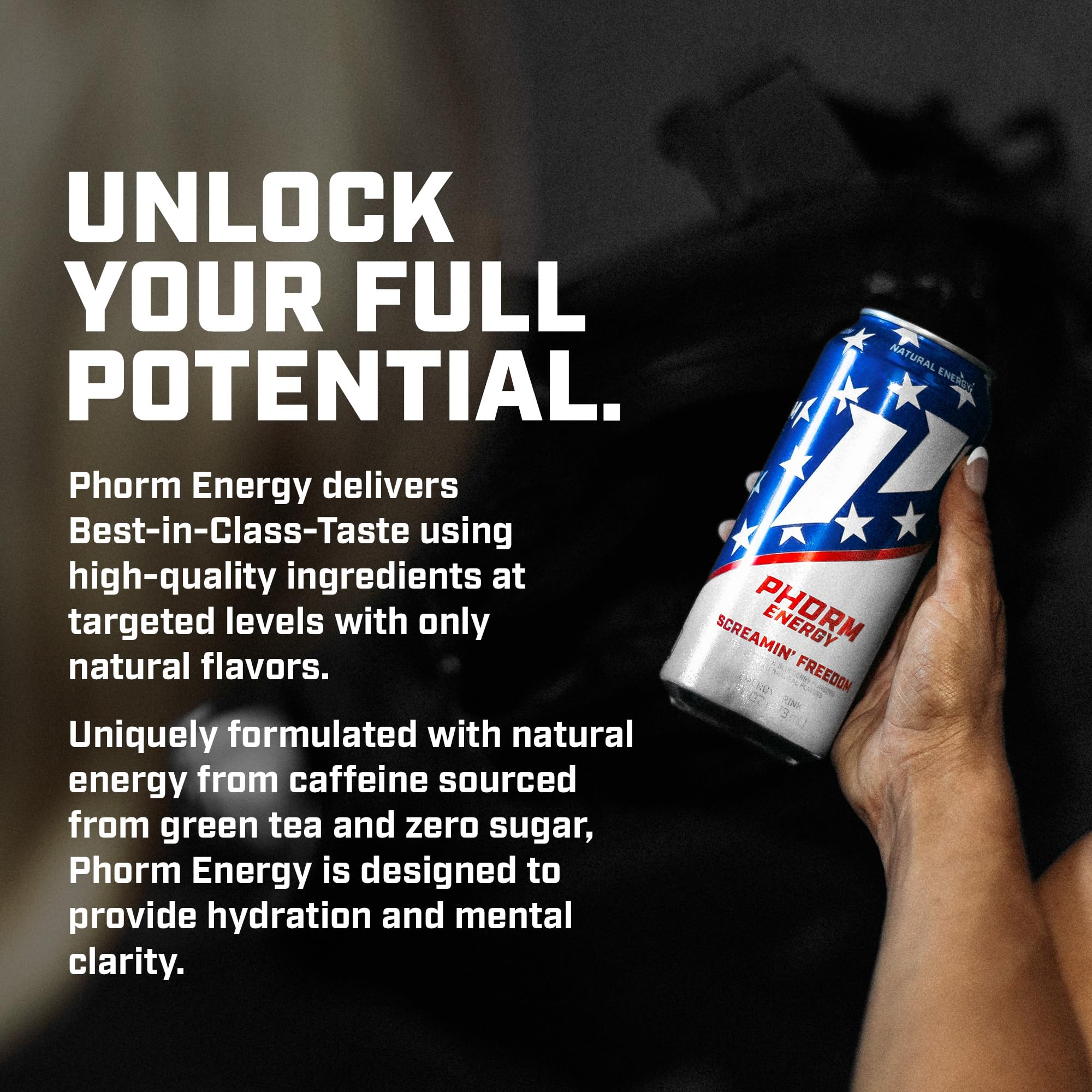 PHORM ENERGY side label close-up with ingredient callouts emphasizing 200mg caffeine and nootropics