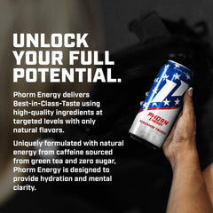 PHORM ENERGY side label close-up with ingredient callouts emphasizing 200mg caffeine and nootropics