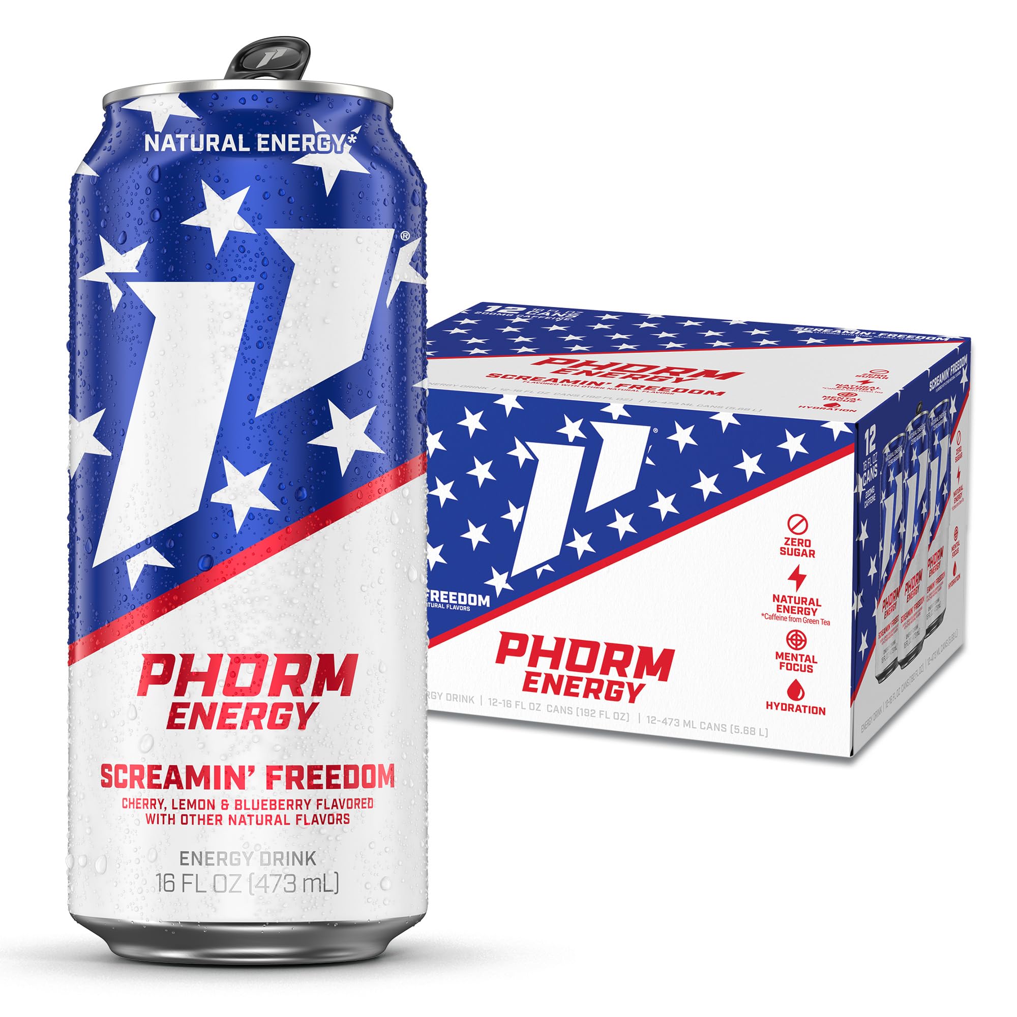 PHORM ENERGY front can view showing Screamin’ Freedom flavor and bold branding, highlights sugar-free benefit