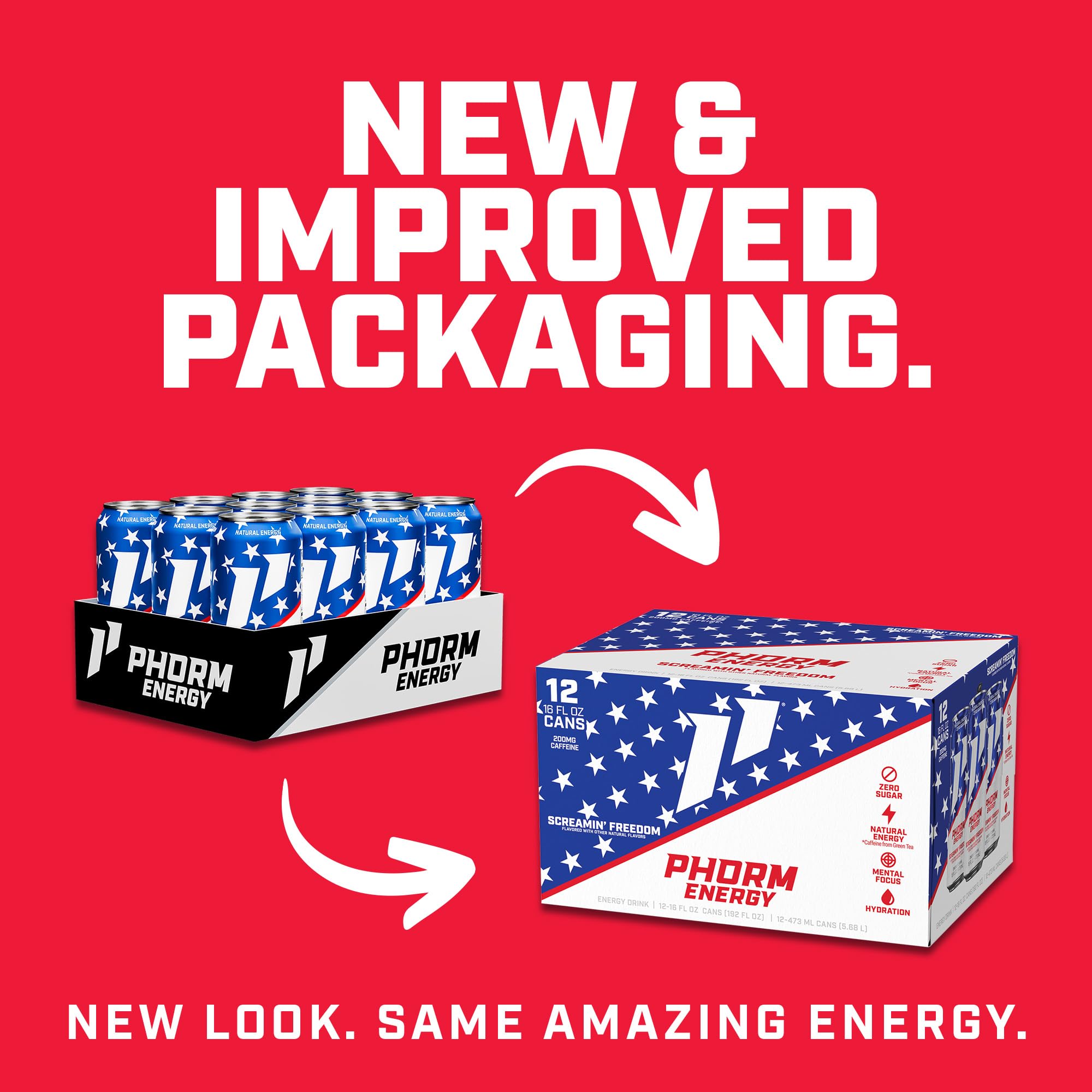 PHORM ENERGY open can being poured into a cup, showing ready-to-drink convenience and refreshing pour