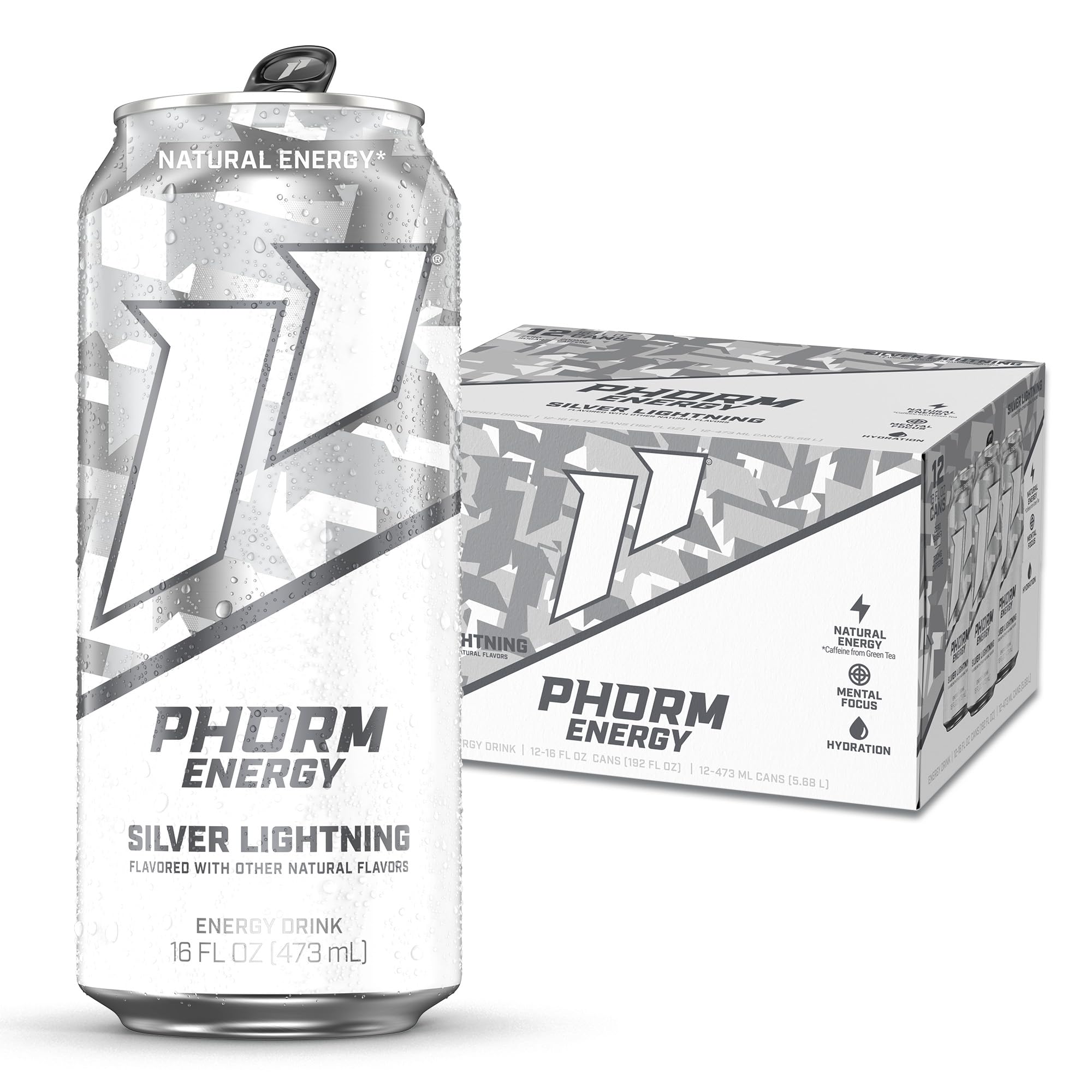 PHORM ENERGY front can showing Silver Lightning branding and bold design benefit of instant recognition