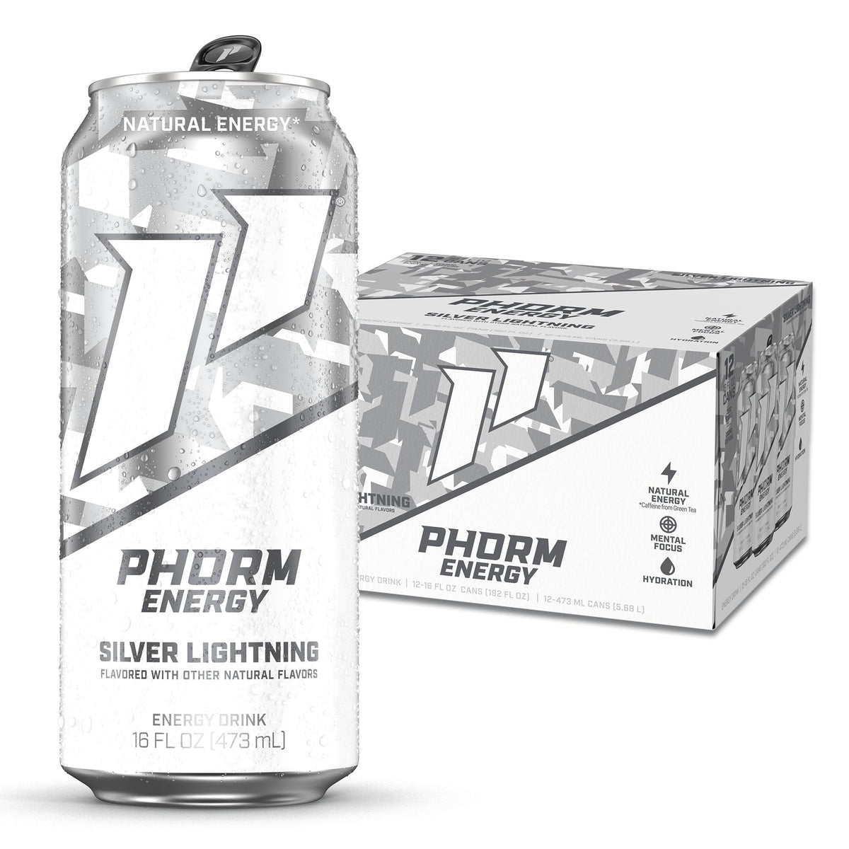 PHORM ENERGY front can showing Silver Lightning branding and bold design benefit of instant recognition