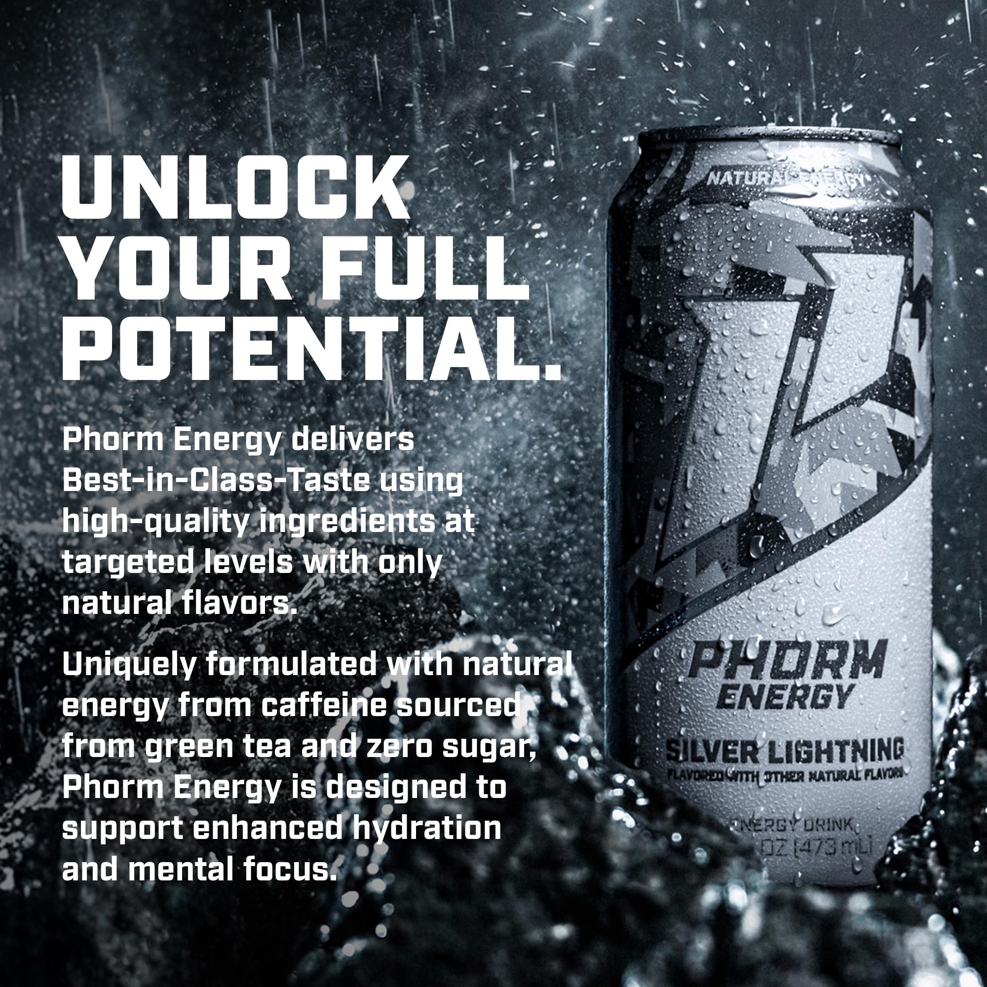 PHORM ENERGY open can top view with fizz showing easy-open convenience and ready refreshment
