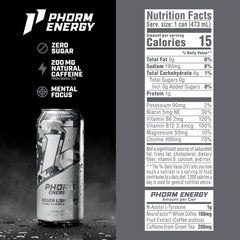PHORM ENERGY label close-up highlighting ingredients list and benefit of transparent formulation