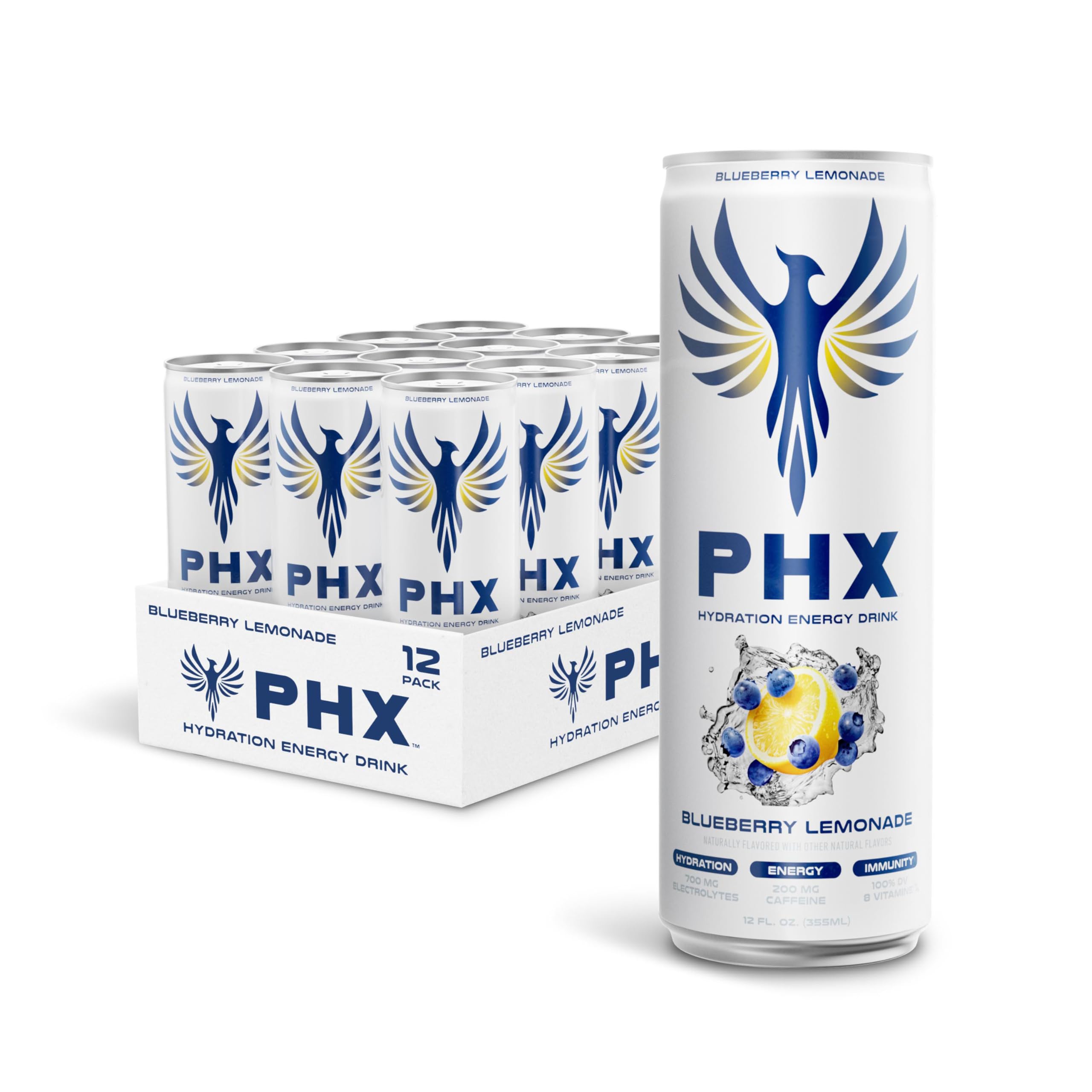 PHX can front view showing Blueberry Lemonade label and refreshing appeal