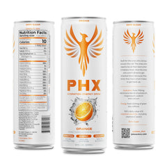 PHX being poured into a glass to show clear orange drink and refreshment appeal