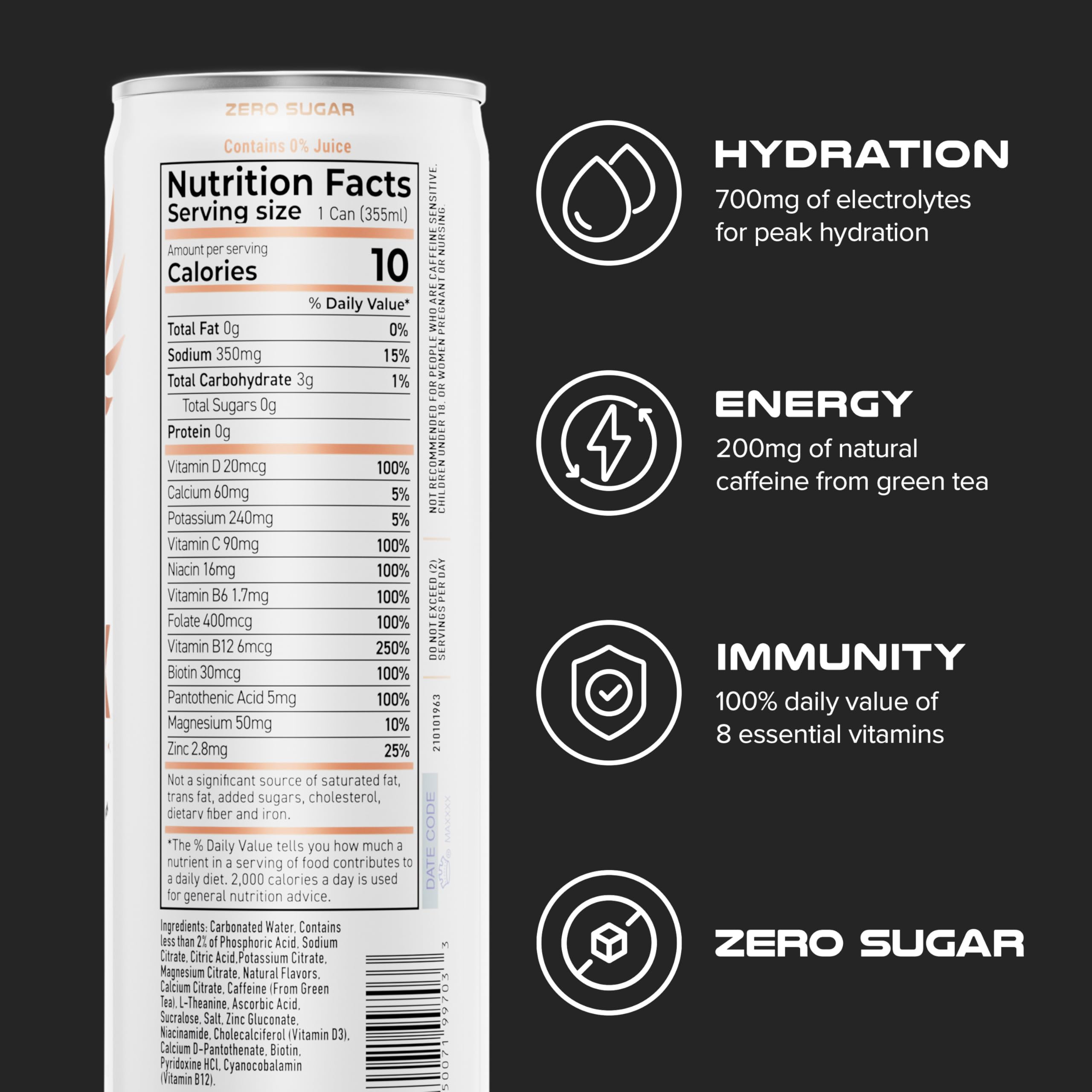 PHX peach can side label detail highlighting electrolytes and vitamins