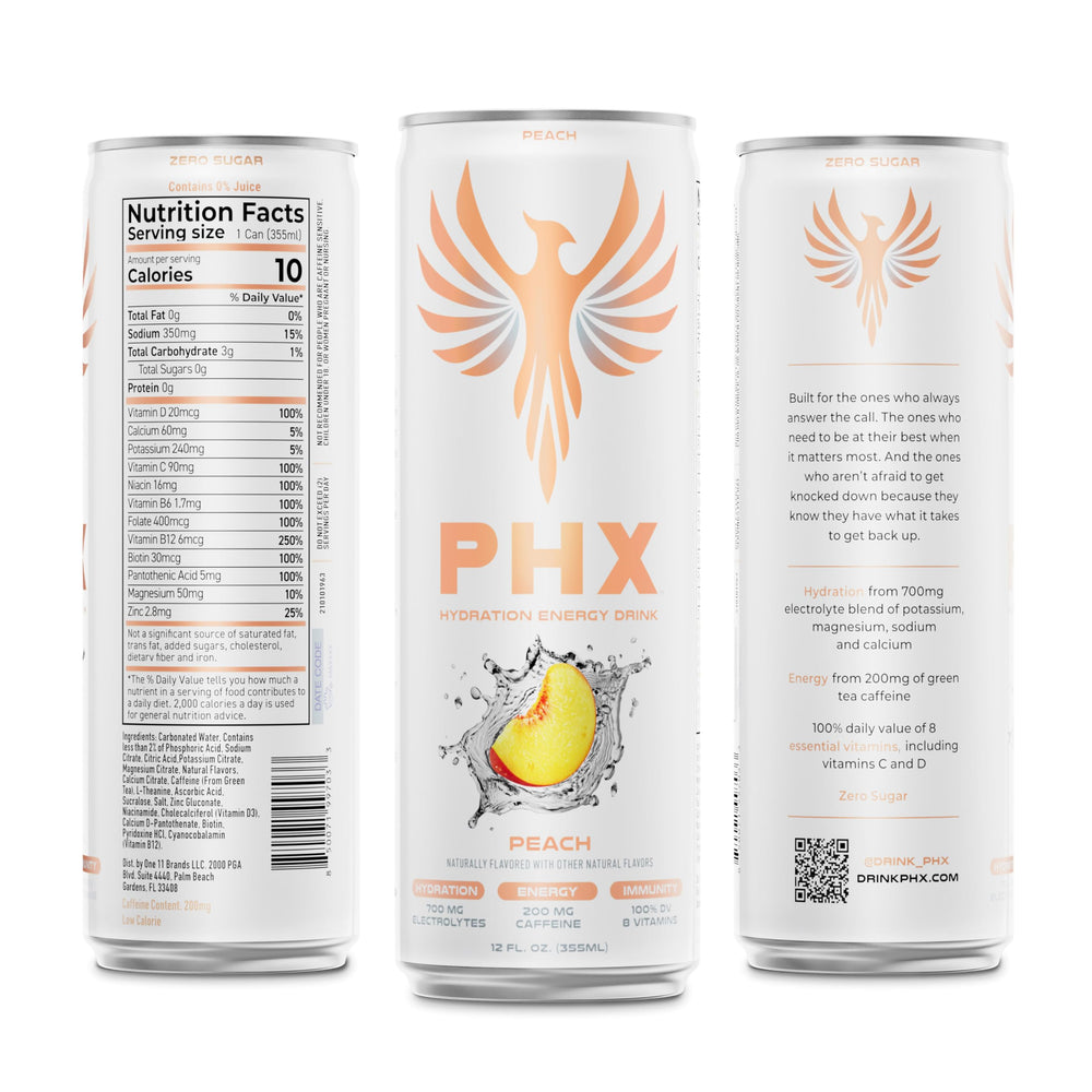 PHX peach liquid pouring into glass showing clear hydration and taste