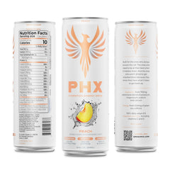 PHX peach liquid pouring into glass showing clear hydration and taste