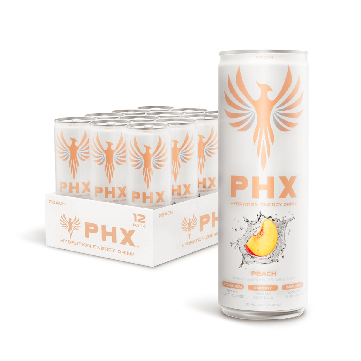 PHX peach front packaging showing vibrant can and hydration benefits